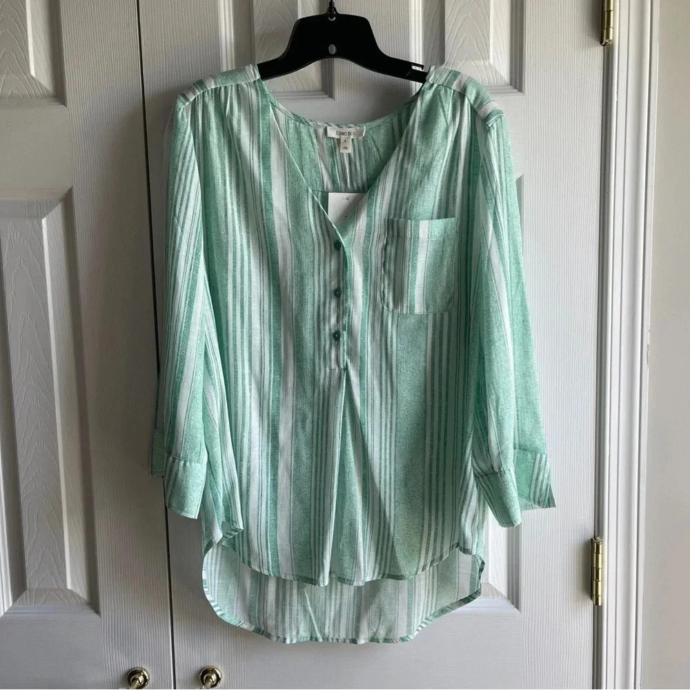 NWT Como Blu Green and White Striped Quarter Button Blouse, Size L Easy Breezy!